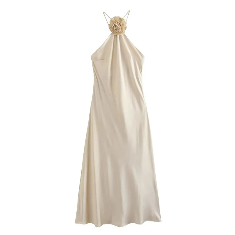 Vestido Alina - Vestido beige midi con escote halter y espalda descubierta