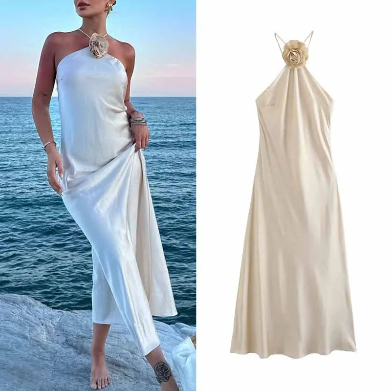 Vestido Alina - Vestido beige midi con escote halter y espalda descubierta