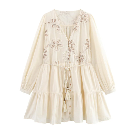 Vestido Primor – Bordado de Primavera con Mangas Largas